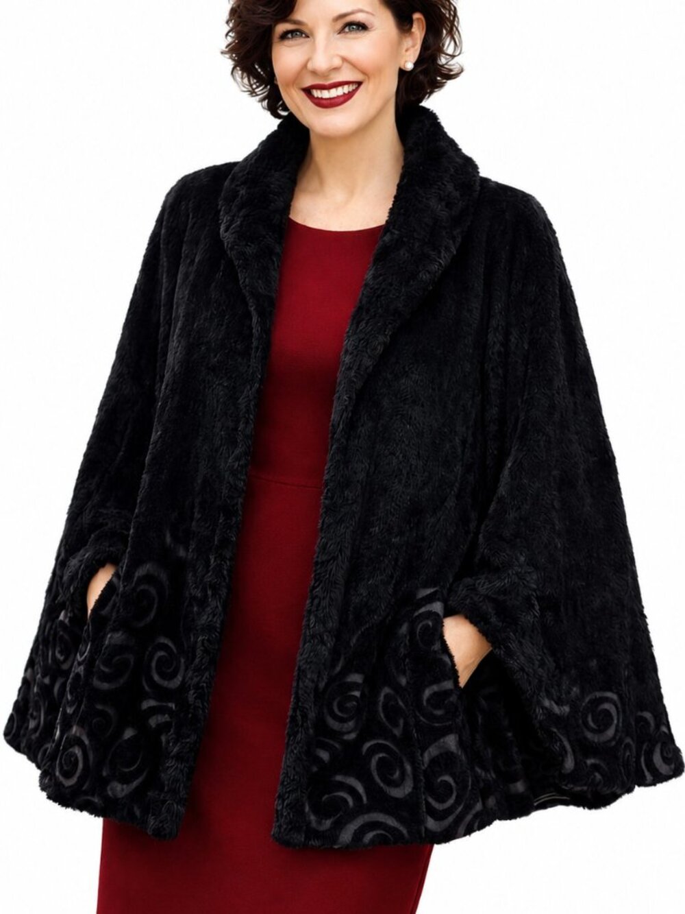 Size P vintage black embroidered cape coat open front velvet/velour. CHAYES